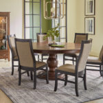 Hudson Chair, Maple Wood, 104 Berlin Sandstone Fabric & 3P Black Paint. Round Top Table, Waterfall Edge, Sophia Pedestal, Rustic Cherry Wood & 401 Cider Stain. Cosmo Display, Rustic Cherry Wood & 401 Cider Stain. mavin chairs Hudson beauty 07