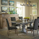 Arlo Side Chair, Wormy Maple Wood, 159 Poseidon Fabric & 400 Belair Stain. Rectangular Top Table, Standard Edge, Double Eleanor Pedestal, Wormy Maple Wood, 400 Belair Stain on the Top & 24P PRT Chelsea Grey Paint on the Base with Paint Rub Thru. Alexander Sideboard ALXC14CS, Wormy Maple Wood & 400 Belair Stain. image of arlo dining group