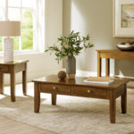 L-R: Atwood End Table OCA0892B, Atwood Coffee Table OCA0894B, Atwood Sofa Table OCA0891C in Rustic Cherry with our 401 Cider Stain and standard hardware, BP19008-SS. Atwood Occasional Tables