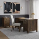 Left to Right: File Cabinet Maple & 404 Brindle Stain HMO0870A Arlo Side Chair Maple, 2303 Konya Fabric & 404 Brindle Stain ARL4714 Executive Desk Maple & 404 Brindle Stain HMO0899A Lateral File Cabinet Maple & 404 Brindle Stain HMO0870B All (except Arlo chair) with Custom Hardware: TK901HB