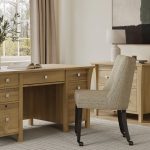 Left to Right: Marco Executive Desk Maple & 410 Honey Stain HMO0499A Dutton Chair Maple, 2408 Cascade Fabric & 407 Black Silk Stain DUT9014 Marco Lateral File Cabinet Maple & 410 Honey Stain HMO0470B