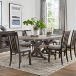42" X 60" Solid Rectangular Plank Tabletop 4260PA2BBSM-G with Breadboard (2) and EE Standard Edge, Two-tone Wormy Maple in 400 Belair stain. Double Barley Pedestal P2R-G in Wormy Maple and 402 Mocha stain. Westlake Side Chair (6) WST8014-G in Maple and 402 Mocha stain with 322 Dove Grey leather. Hampshire Console HAMC27BS-G x 2 in Wormy Maple and 402 Mocha Stain with standard hardware 6869. image of plank table dining room