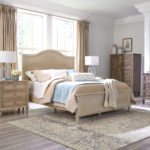 South Port Queen Panel Bed with Low Footboard SPT19123, South Port Chifferobe 1 SPT19256, South Port Nightstand 4 SPT19244, South Port Dresser 2 with Mirror 3 SPT19248, SPT19303. This group was crafted using solid oak (bed is solid maple) with our 31P POR Soft Suede Portabella Glaze (bed & nightstands), 317 Gravel stain (chifferobe, dresser & mirror) and South Port standard hardware, K6141-SN (pull) and K6180-SN (knob).