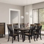 CHAIR: Brinkley, Elm Wood Seat / Top Rail, 409 Cocoa Stain, Maple Wood Frame & 407 Black Silk Stain. TABLE: Boat Top, Rounded Edge, Elm Wood, 409 Cocoa Stain, Victor Leg, Maple Wood, & 407 Black Silk Stain. CASE: Stafford Sideboard, Elm Wood Top / Drawers / Doors, 409 Cocoa Stain, Maple Wood Frame & 407 Black Silk Stain. image of brinkley chairs
