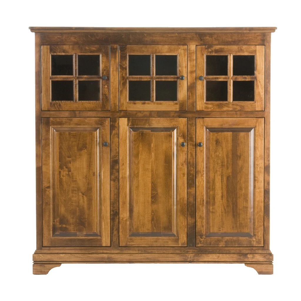 NENC04CS, 60W x 20D x 60H, Hardware: 53005-FB.
Shelving includes one adjustable glass shelf behind each of the top three doors. Behind the lower left side door are three drawers and one adjustable wood shelf. Behind the center and right doors are two adjustable wood shelves per door.