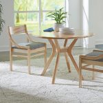 CHAIR: Gia, Wormy Maple Wood, 2404 Bering Fabric & 100 Natural Stain TABLE: Oslo Top, Rounded Edge, Single Oslo Pedestal, Wormy Maple Wood & 100 Natural Stain